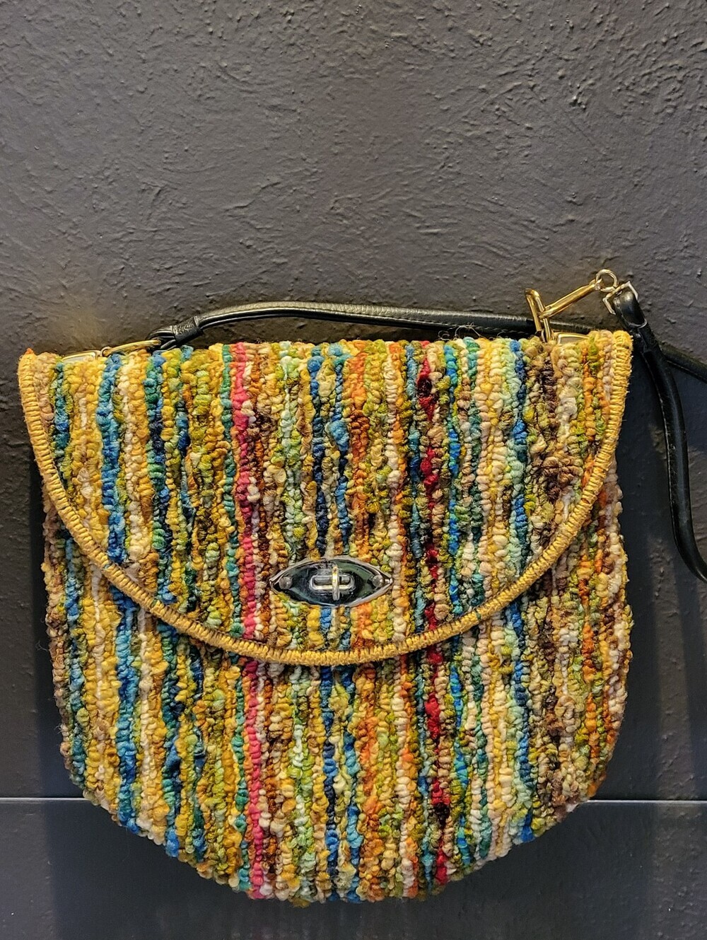 Jerry Terrence 70s Original Carpet Bag Leather Shoulder Strap Unlined Large